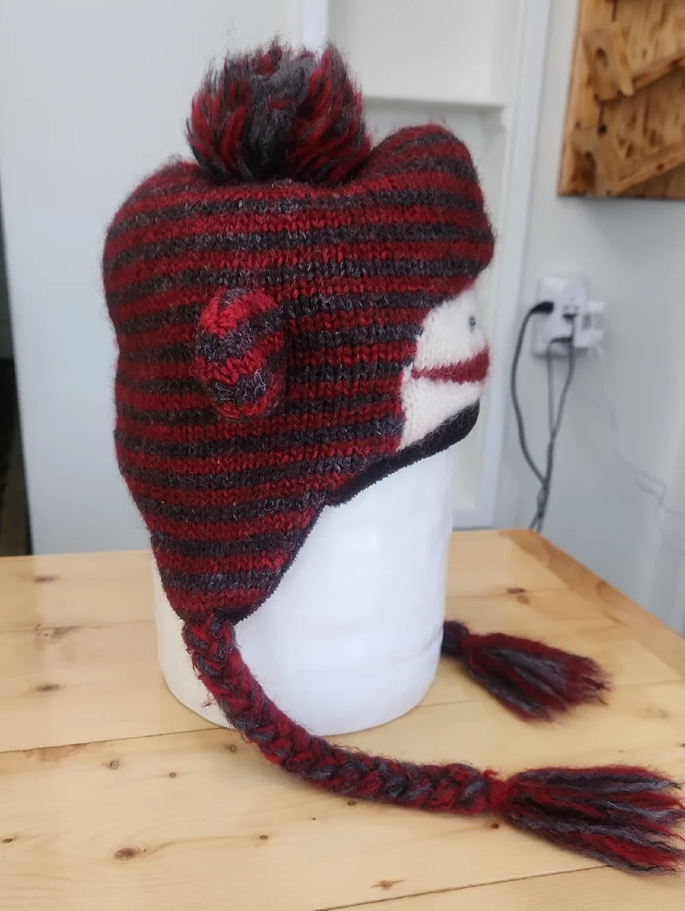 DeLux KNITWITS Striped Adult SOCK MONKEY Hat Wool Blend Fleece Lined
